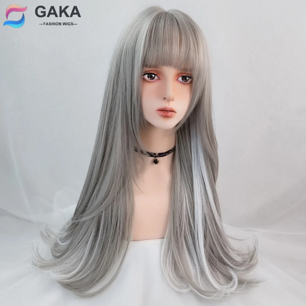 GAKA Long Synthetic Hair Gray Highlighting Hanging Ear Dyeing Micro-Volume Curly Wigs