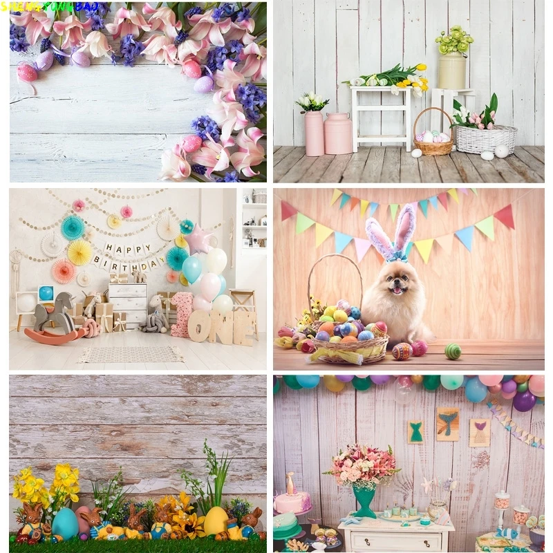 

Vinyl Custom Spring Easter Photography Backdrop Rabbit Flowers Eggs Wood Board Photo Background Studio Props FH-55