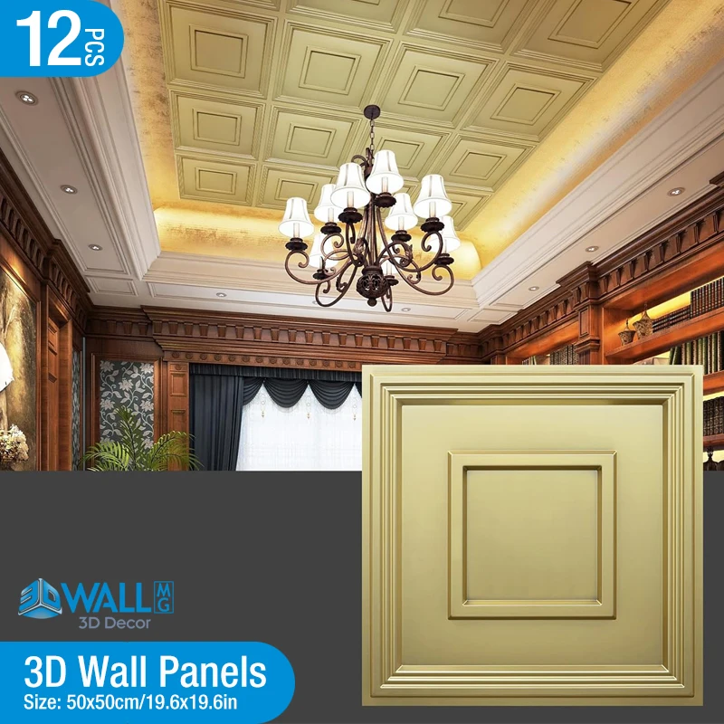 12 Pcs /50cm 3D Art Champagne Gold Wood grainWall Panel PVC Waterproof renovation 3D wall sticker Tile Diamond Design DIY Decor