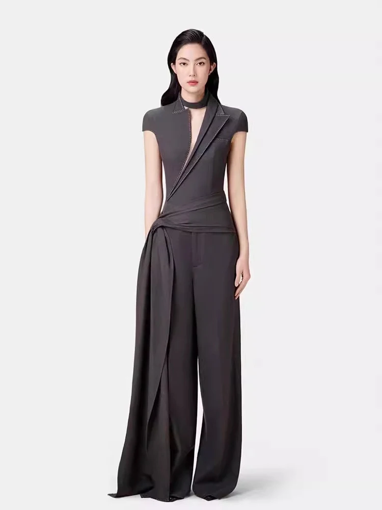 DEAT Elegant 2 Pcs Set Halter Half Open Collar Ribbon Top Loose Waist Full Length Pants Suit Autumn 2024 New Fashion 13DB5128