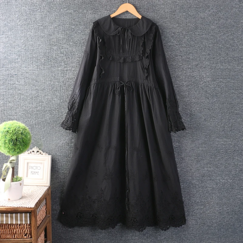 Vintage Embroidered Patchwork Dresses Women Autumn Japanese Mori Girl Sweet Peter Pan Neck Long Sleeve Hollow Out Midi Dress