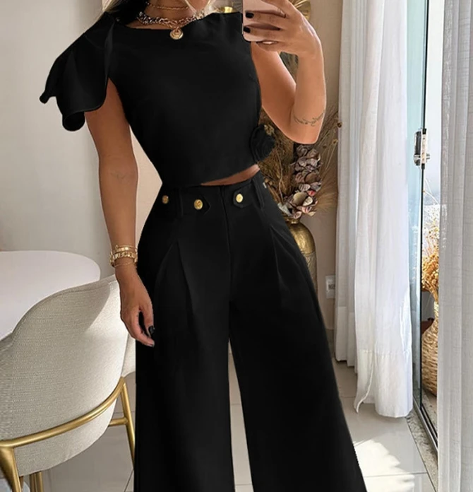 Two Piece Set Women Outfit Summer Fashion One Shoulder Petal Sleeve Solid Round Neck Top & Casual High Waist Wide Leg Pants Set