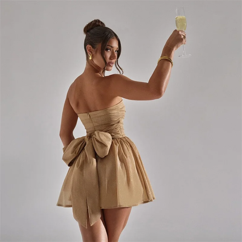 Luxury Bow Shiny Prom Dress Sexy Strapless Sleeveless Short Mini Party Gown Holiday Beach Formal Wedding Guest Birthday Robe