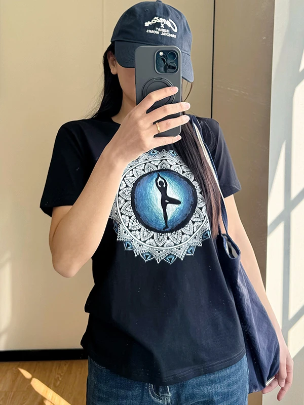 

plus Size Women's Short Sleeve T-Shirt Loose Fit Conceal Meat Print round Neck Korean Style Casual Cotton Blend Top