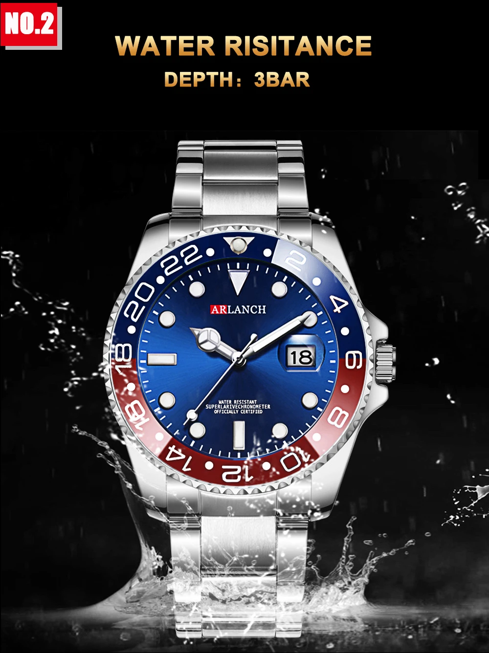 Business-Edelstahluhr 40mm Klassische Rot-Blaue Kreis-Taucheruhr mit Vergrößerungsglas und Kalender Quarzuhren montre homme – Detail 16
