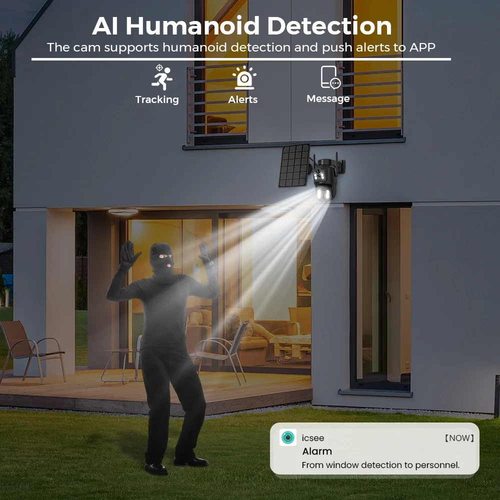 Caméra solaire WiFi double objectif double écrans 8MP 4K PIR détection humaine caméras de sécurité extérieures avec batterie caméra de Surveillance vidéo