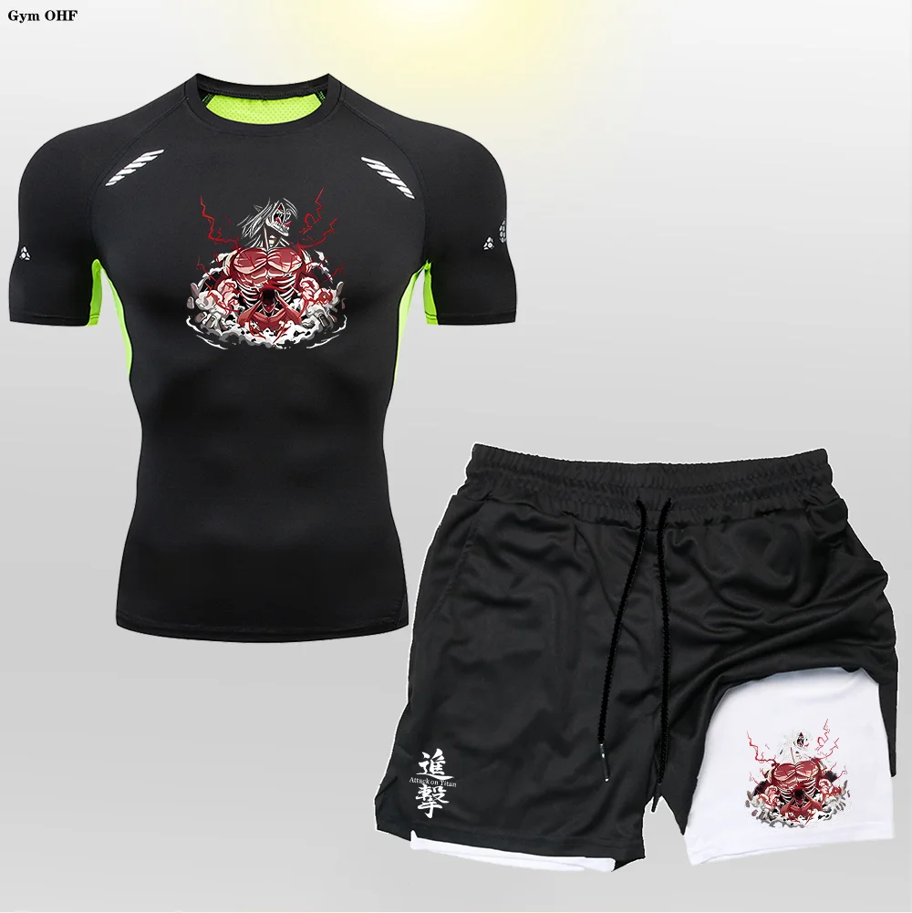 Men\'s Professional Training Anime Printing Theme Set Sweat Absorbing High Elasticity Body Shaping Tight Fashion GYM Running MMA