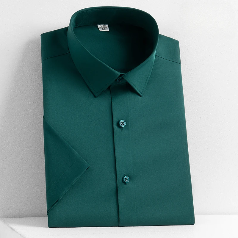 New in shirt Silk elastic short sleeve shirts for men slim fit formal plian shirt solid color office business elegants clothes