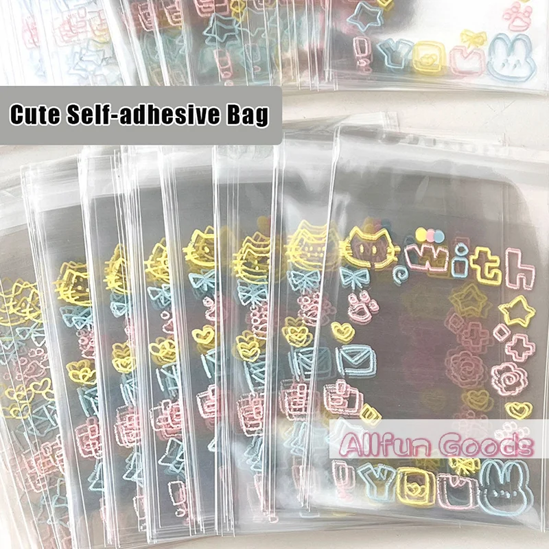 50Pcs Transparent Cute Graffiti Kitten Self-adhesive Opp Bag Kpop Idol Photo Cards Protective Storage Bag Photocard Card Sleeves