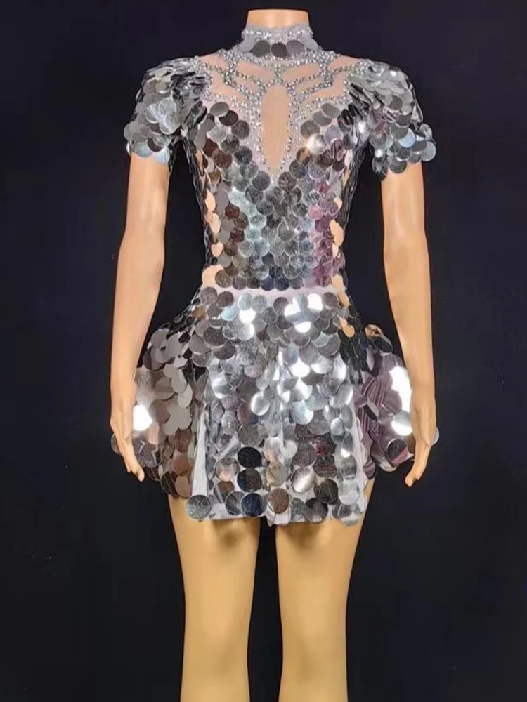 Vestido acampanado elástico plateado con lentejuelas y diamantes de imitación, ropa de mujer personalizada, alta calidad, nueva moda, 2024