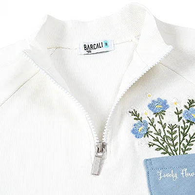 BARCALI Fall Blue French Terry Pocket Set 2pcs Children's Outfit Embroidery Design for Girl Boys And Baby Teenage Clothing Set
