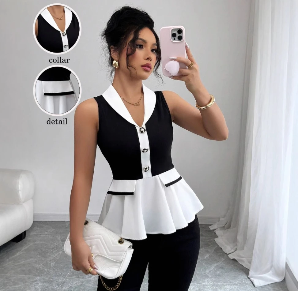 

Top Women Summer T Shirts Sleeveless V Neck Single Breasted Patchwork Female Slim Ruffles Tops Vintage Office Lady Tees 2025