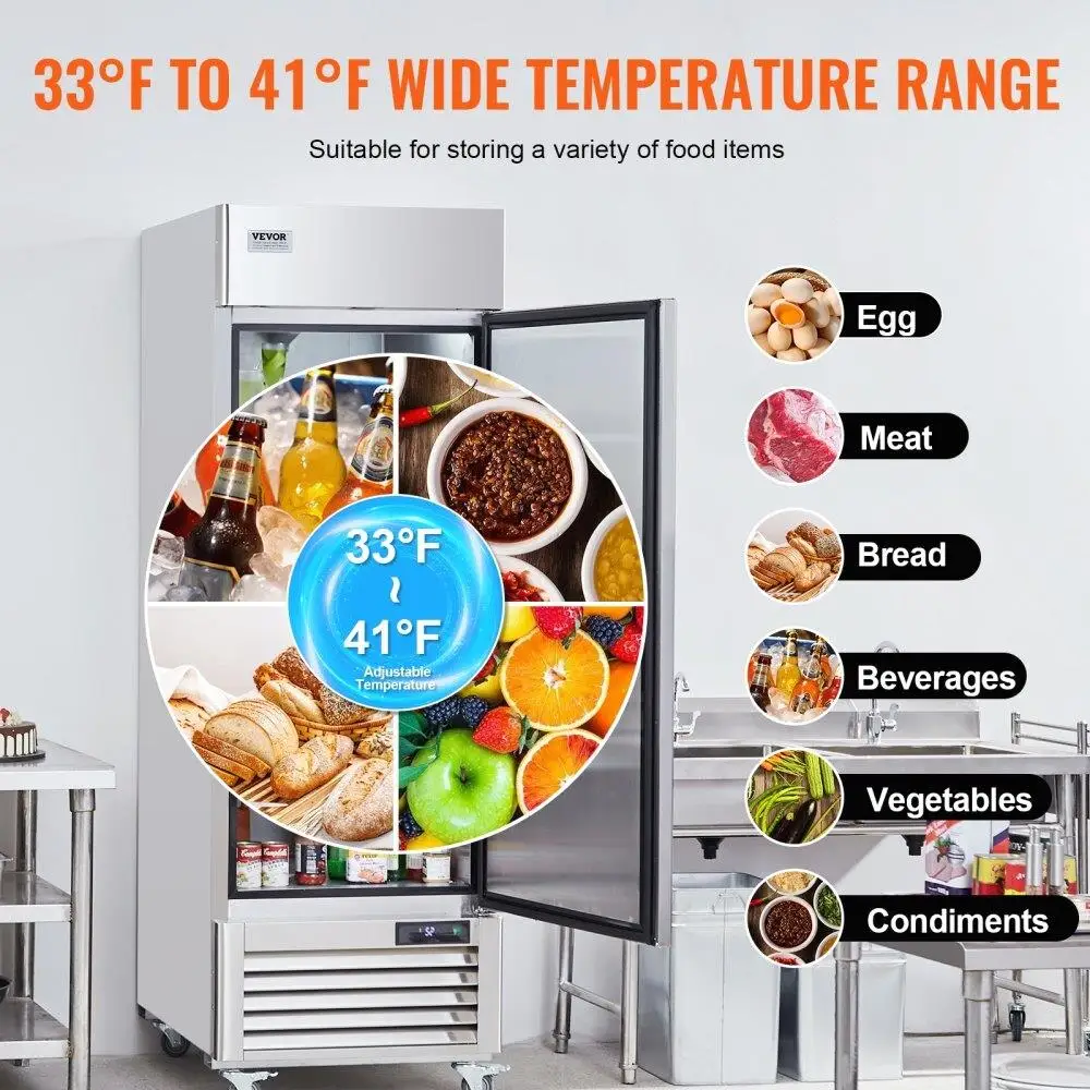 Upright Commercial Refrigerator 19.32 Cu ft Stainless Steel Single Door Auto Defrost with 4 Shelves Temperature Control