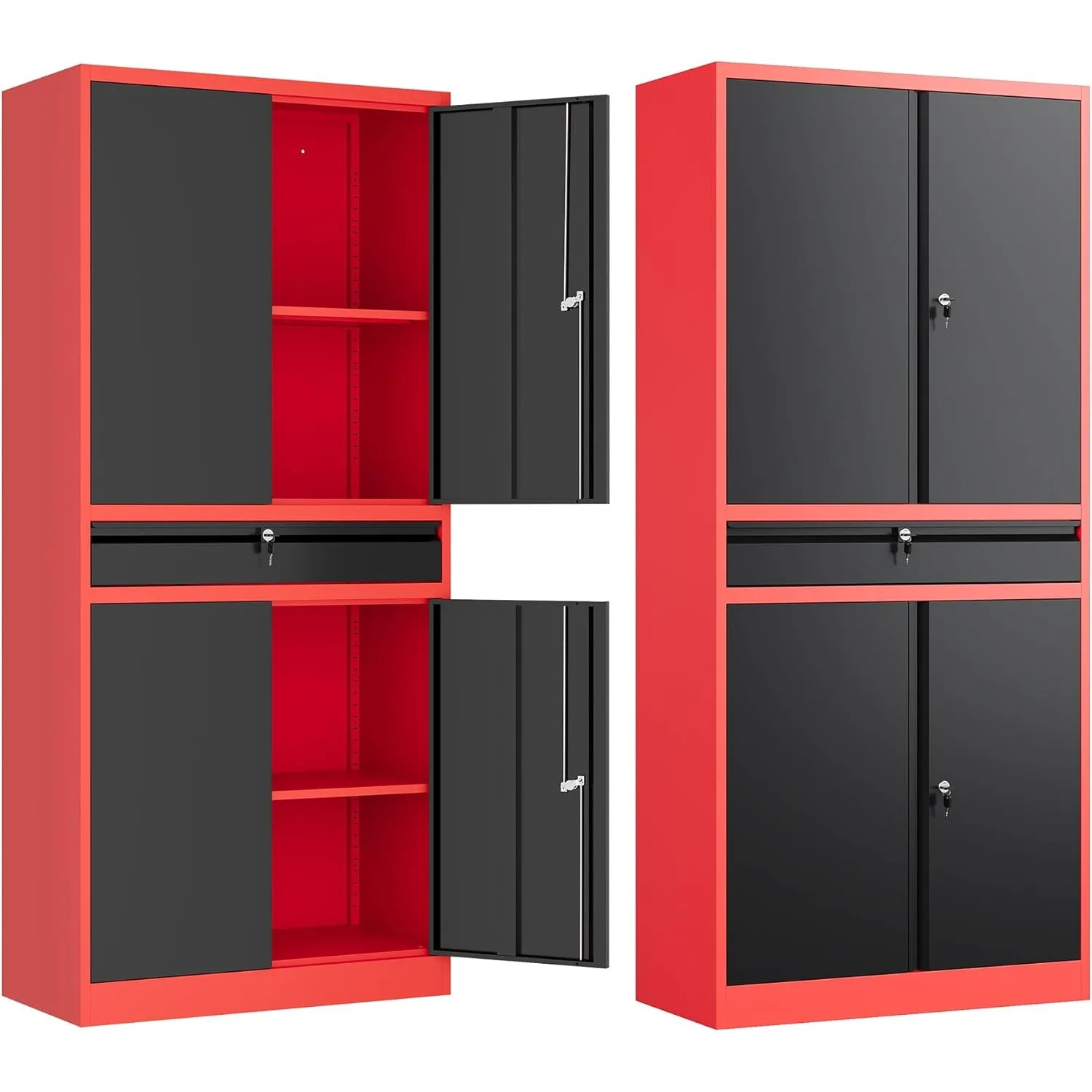 Metal Garage Storage Cabinet with Drawer,4 Door Tool Cabinet with Adjustable Shelves for Garage Home Office Utility Room (Red)