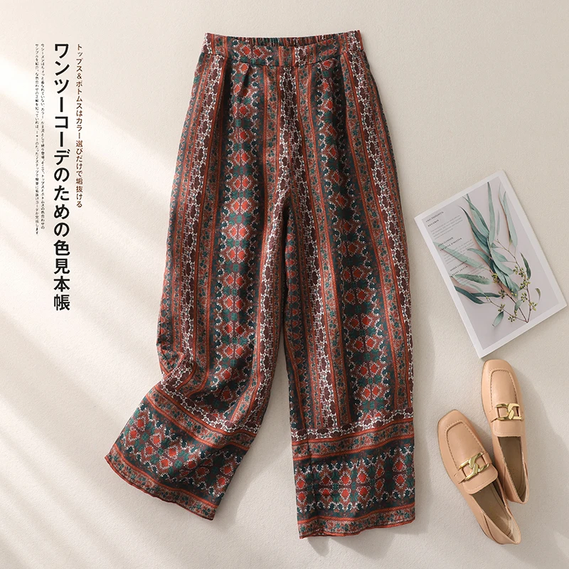 Chinese Vintage Style Good Quality Women's Cotton Linen Pants Female Summer Fashion Elastic Waist Straight Loose Casual Trouser