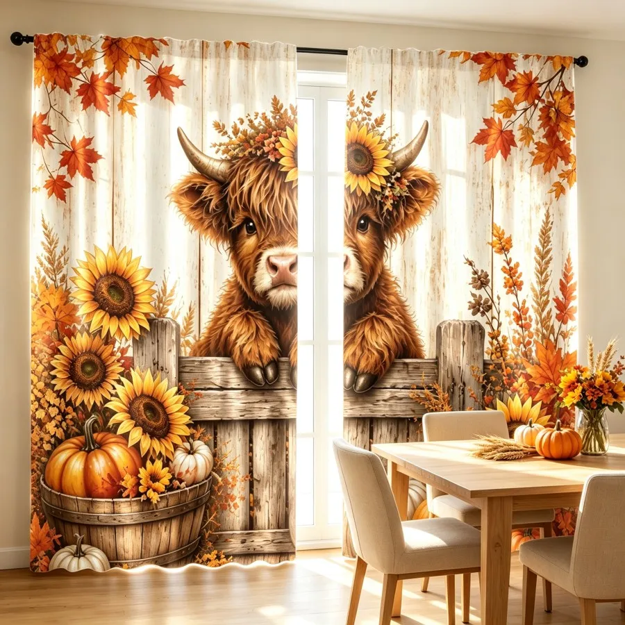 2PCS Digital Print Curtain, Highland Cow Sunflower Pumpkin Wooden Fence, Rustic Farmhouse, for Living Room Bedroom Window Decor