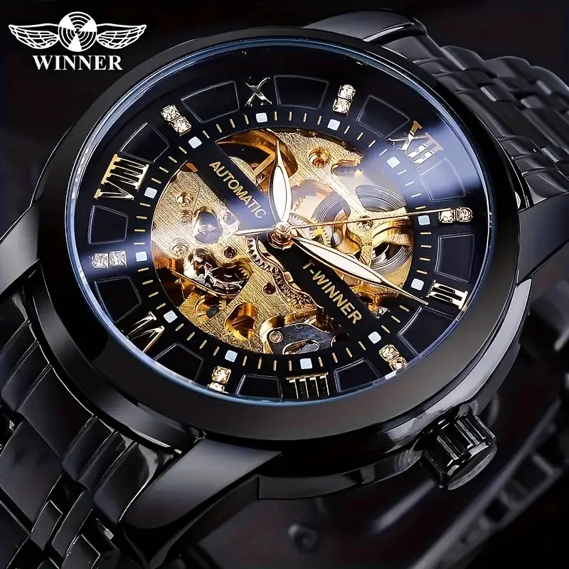 High-End Business Luxury and Elegant Men's Mechanical Watch, Automatic Winding, Round Dial, Hollow Design, Stainless Steel Strap, New European and American Style, Fashionable, Casual, Stylish, Cool, Trendy Men's Watch for Social Guys, the Best Gift for Your Boyfriend