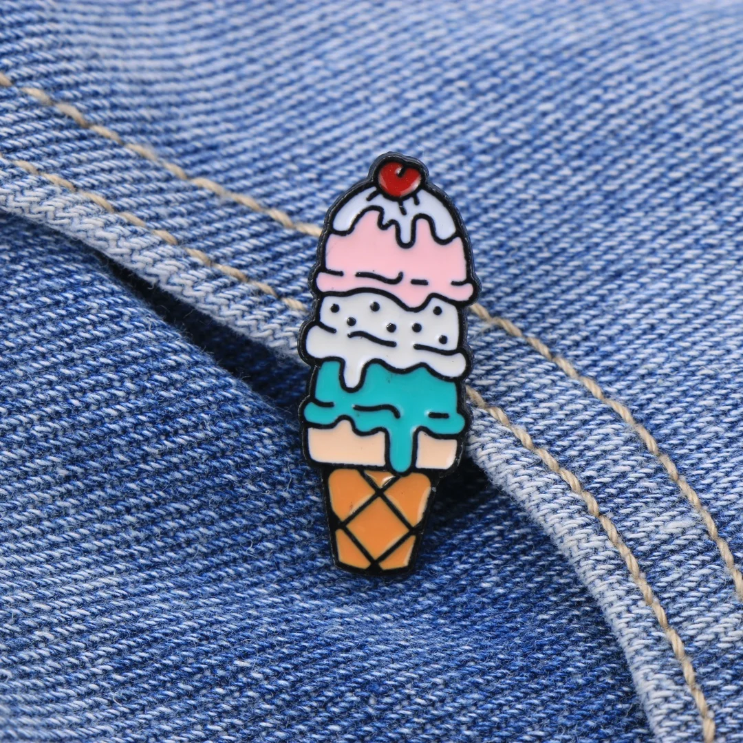 Cute Cartoon Ice Cream Enamel Brooch Multicolor Waffle Cone Cherry Metal Lapel Pin Bag Jacket Decor Badge Accessory