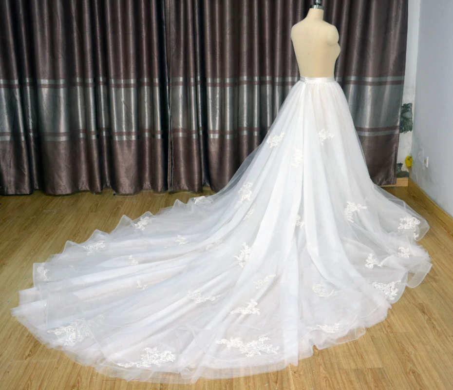 Vestidos de novia con apliques de encaje blanco, cola desmontable, falda extraíble de tul champán, tamaño personalizado, falda de boda con cremallera, talla personalizada