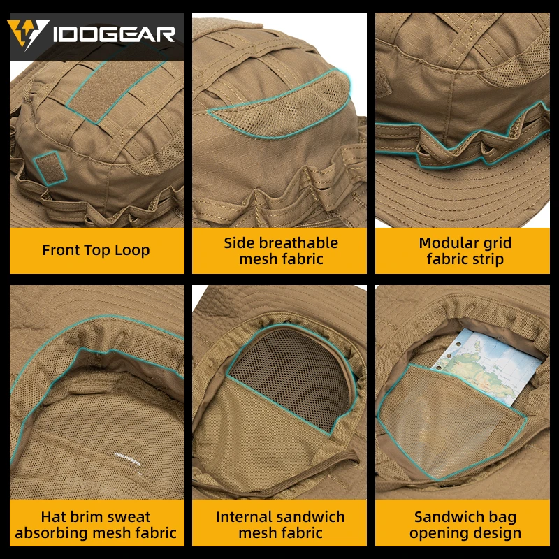 IDOGEAR التكتيكية Boonie قبعة الغابة قبعات للحماية من الشمس قابل للتعديل تنفس واسعة حافة قبعة لصيد الأسماك 3623