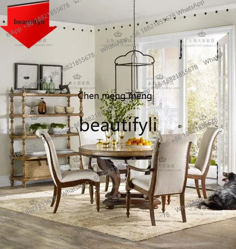 

C32 American rural retro solid wood round dining table European dining table and chairs French design furniture