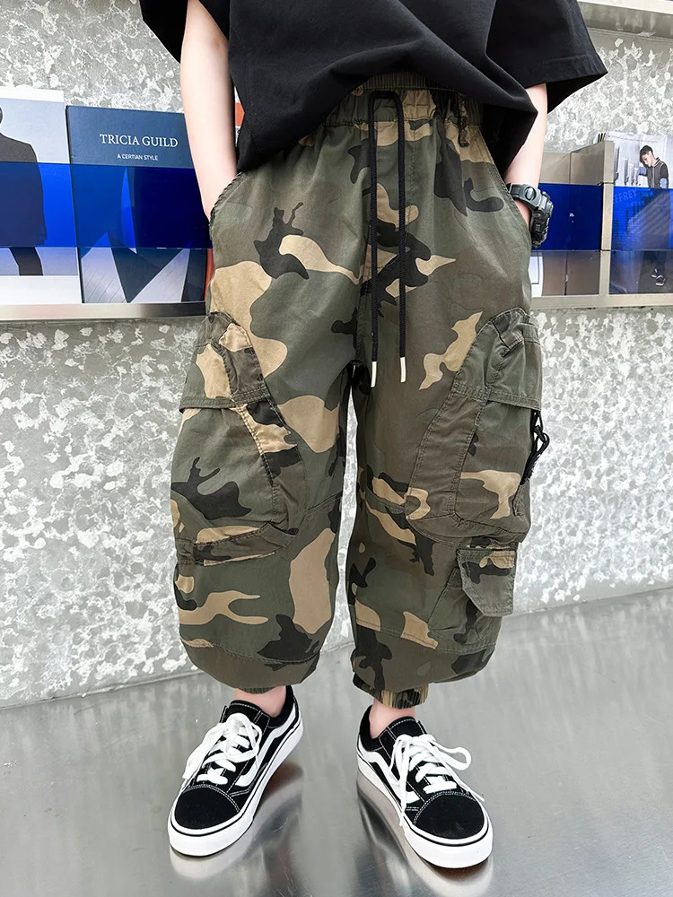 

Summer Children Pants for Boys Teenagers Student Kids Cargo Pants Boys Elastic Waist Sport Boys Camouflage Trousers Clothing