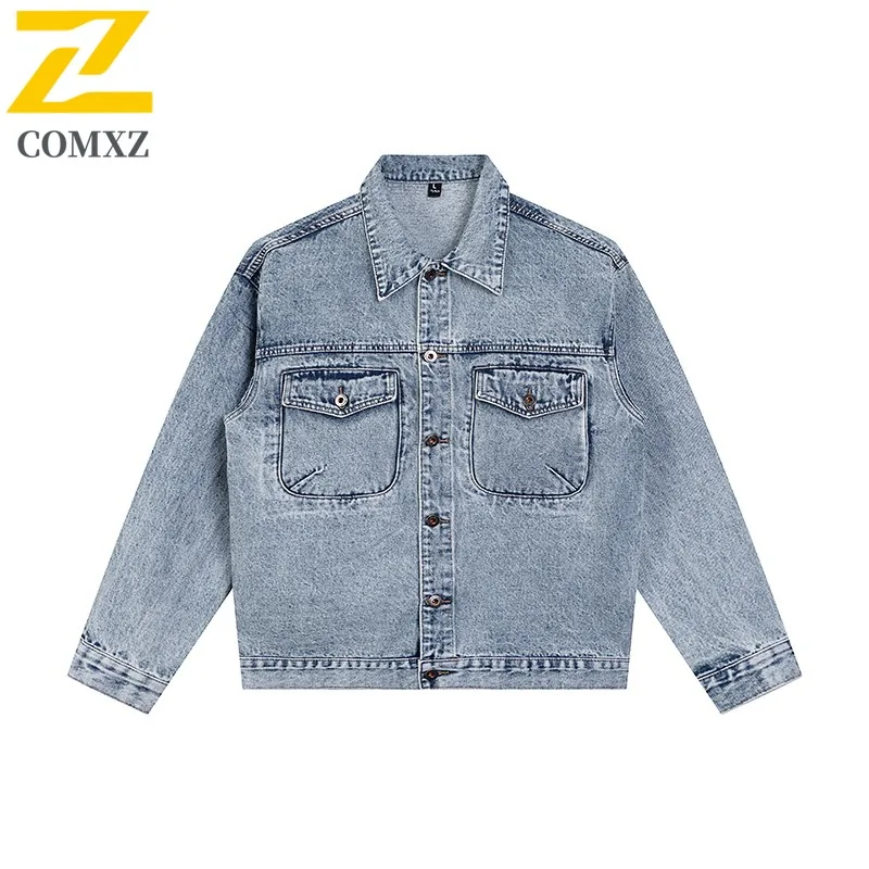 

COMXZ Mens Cotton Denim Jacket 2025 Luxury Hip Hop Trendy Motorcycle Jackets Autumn Male Workwear Washed Blue Denim Coat