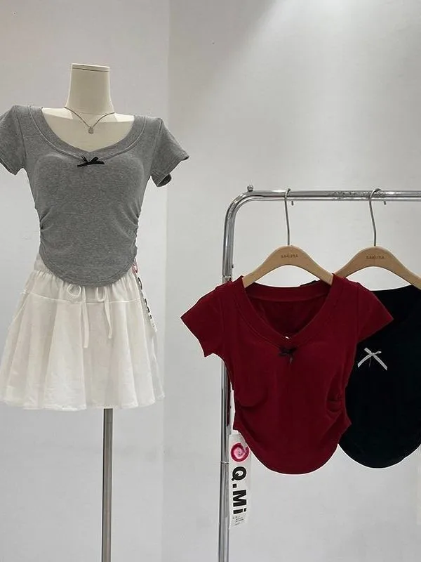 Fashionable  Knot Backless V-Neck Short Sleeve T-Shirt Women's Slim Fit Short Style Hollow out Top Casual Style