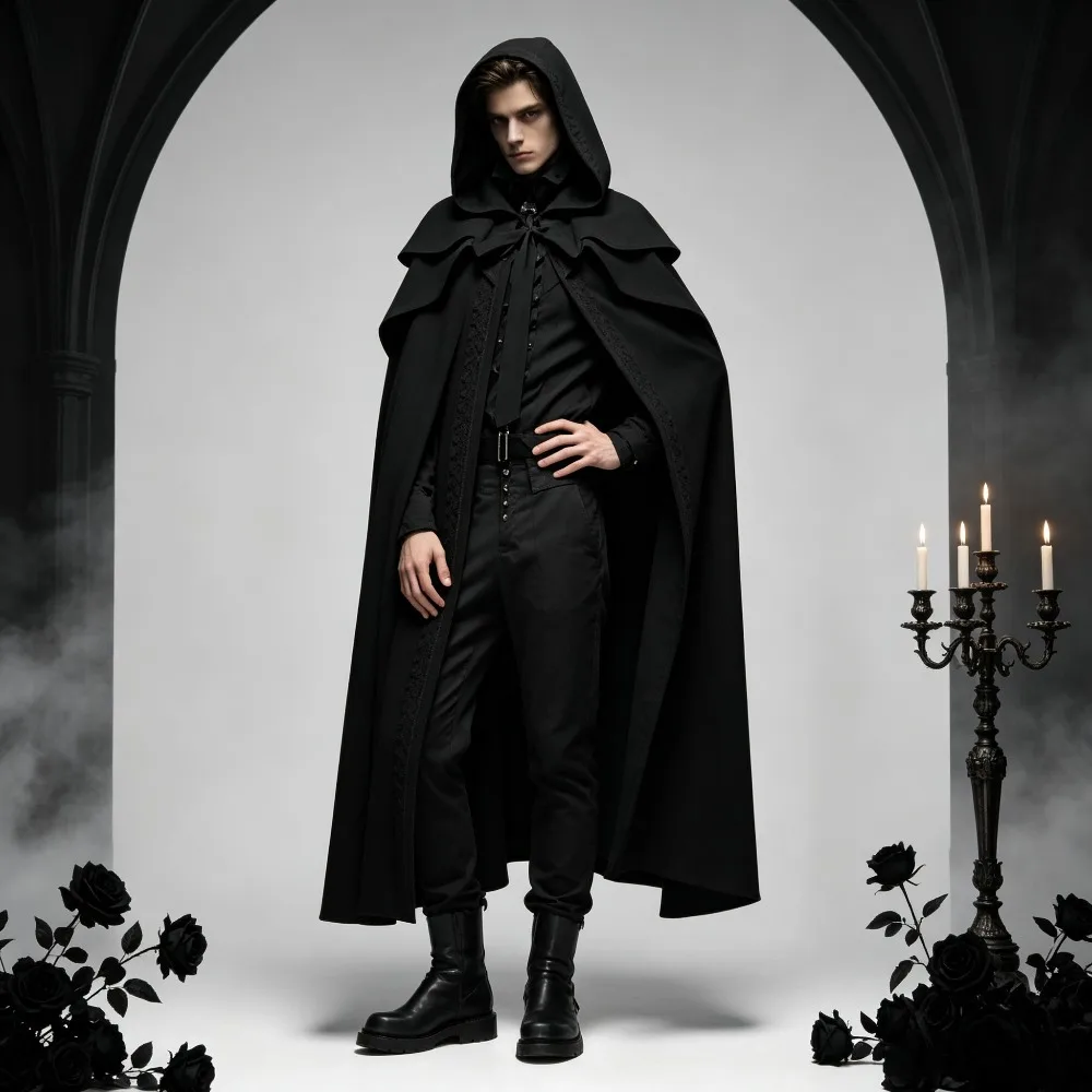 ハロウィンコスプレゴシック中世ロングケープ-4-色ルーズ特大男性マントヴィンテージローブカーニバルパーティーステージ衣装