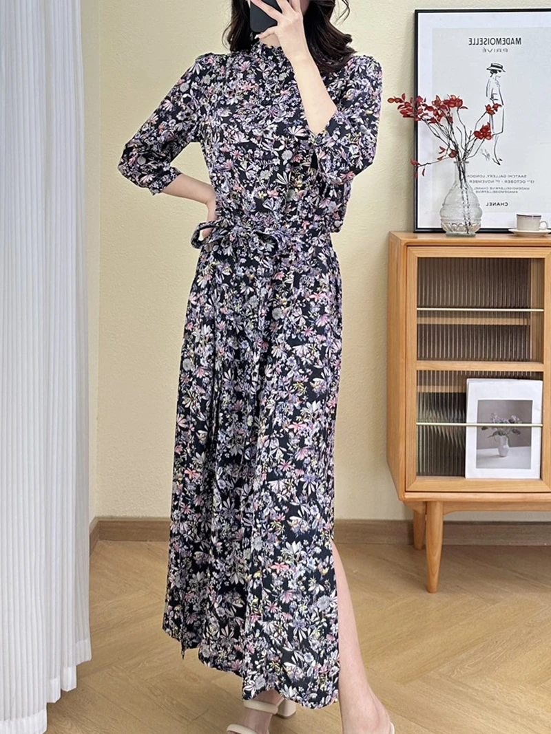 

Women's Dress Spring/Summer Loose and Comfortable Thin High end Silk White Fragmented Flower Black Belt Long sleeved Long Skirt