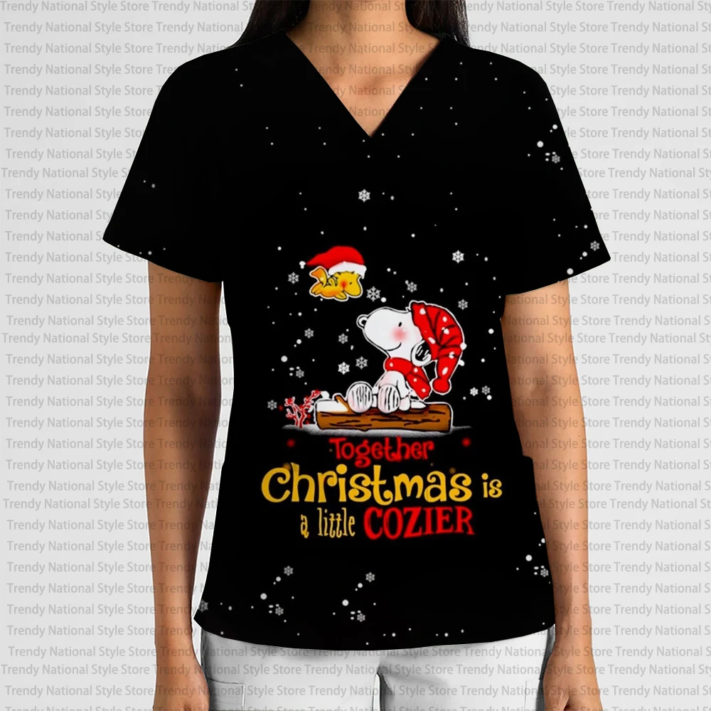 2025 جديد المرأة عيد الميلاد سلسلة الكرتون أنيمي قصيرة الأكمام العمل موحدة الخامس الرقبة طباعة فرك هدية عيد ميلاد تي شيرت #3