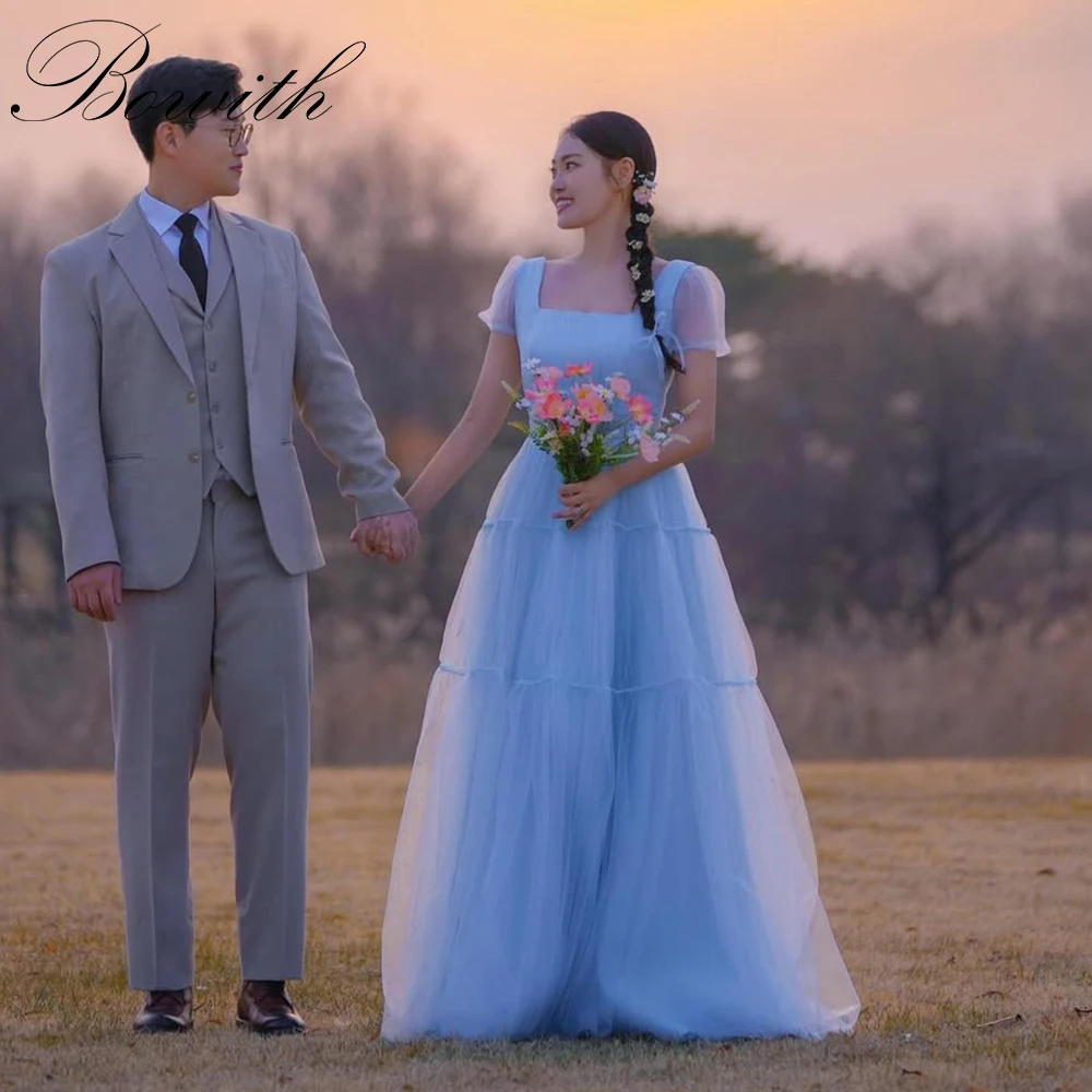 

Bowith Korean Wedding Dresses for Photo Shoot Pastrol Square Collar Short Sleeves Evening Dresses Blue Soft Tulle Party Dresses