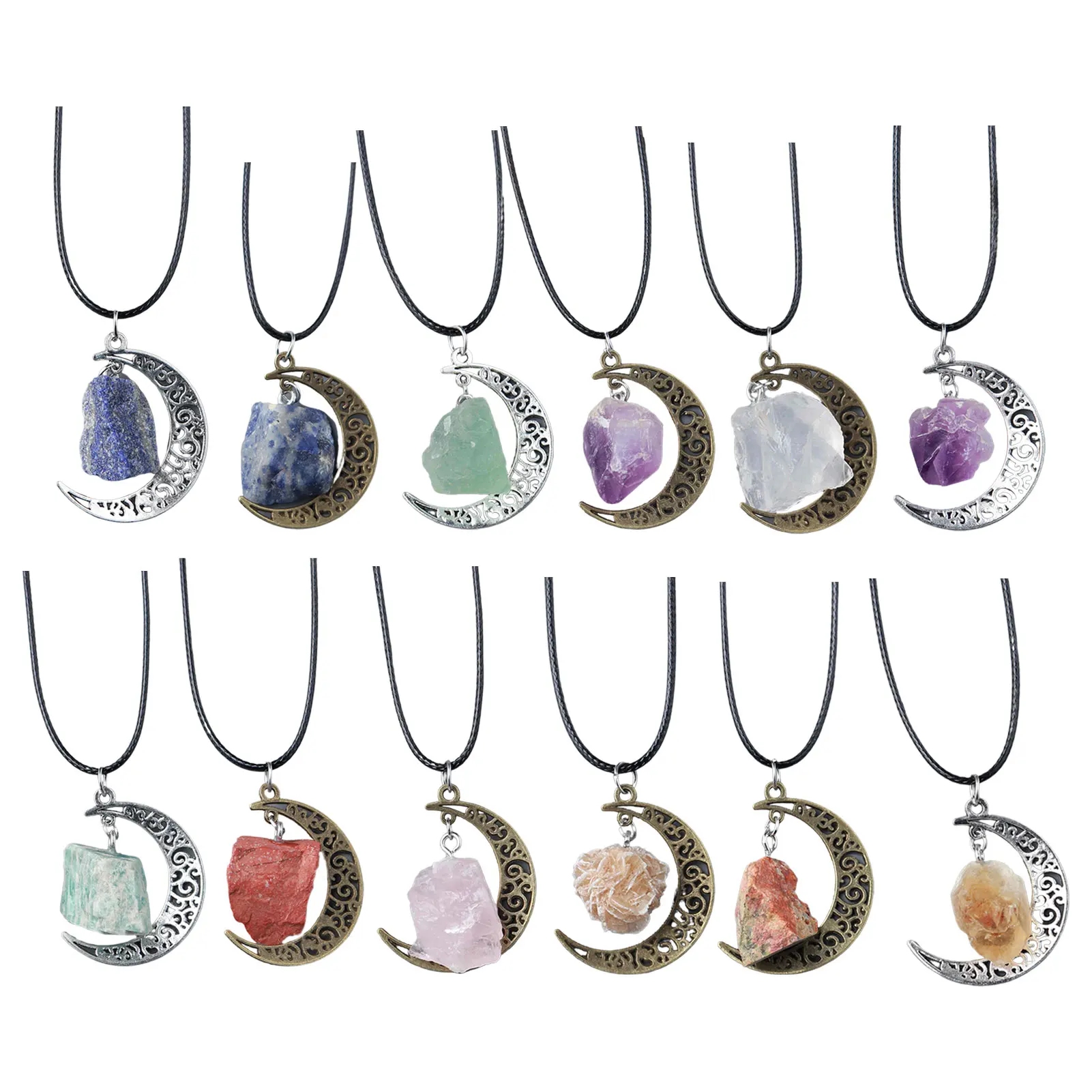 Vintage Natural Stone Crystal Moon Pendant Necklace Tourmaline Chain Necklaces Women Men Pink Jewelry Pendant