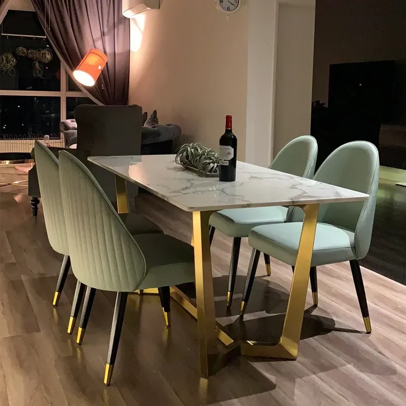 Rock Slab Dining Table and Chair Set Stainless Steel Rectangular Household Living Room Kitchen Custom Induction Cooker