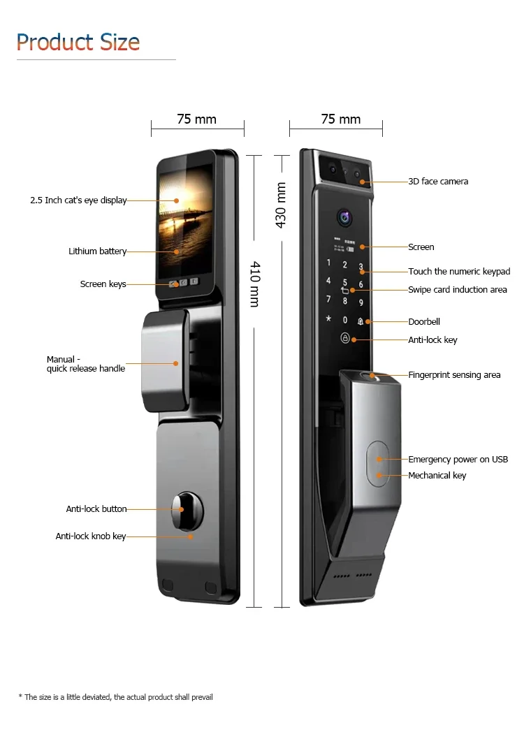 Serrure de porte principale à reconnaissance qualifiée ale électronique 3D, écran de caméra intelligent, sans continent, empreinte digitale, vidéo, haute qualité