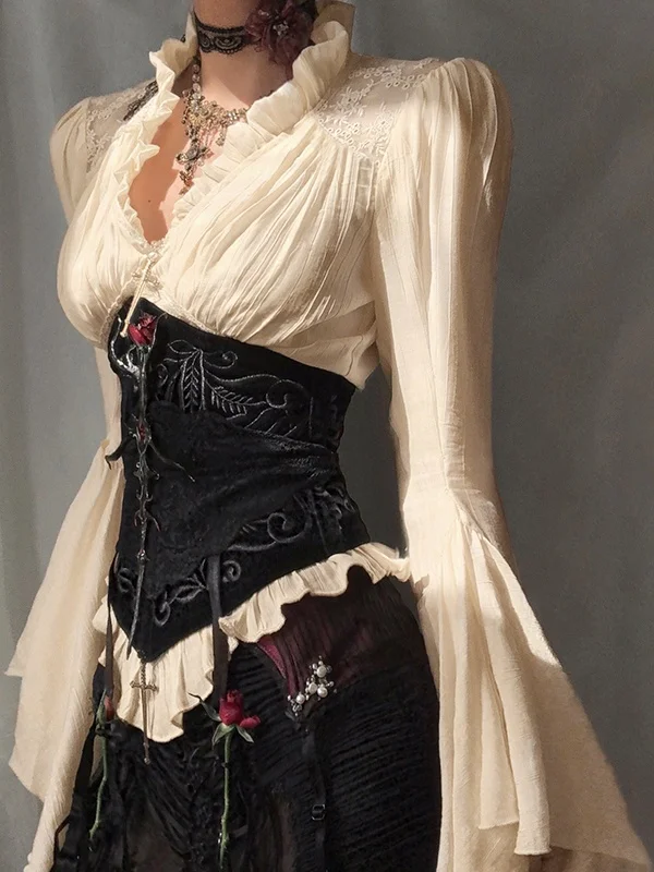 

Instunning loween Costume Vintage Court Sle Long Sve V-Ne Top Women High Waist Slimming f Skirt Faion Set