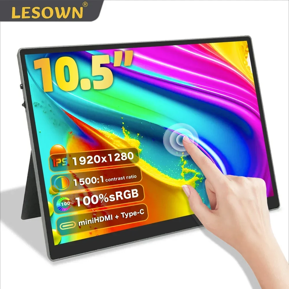 LESOWN Portable Monitor 10.5 inch 1920x1280 IPS 100%sRGB Touchscreen USB-C HDMI Small Lightweight Travel Display for PC Laptop