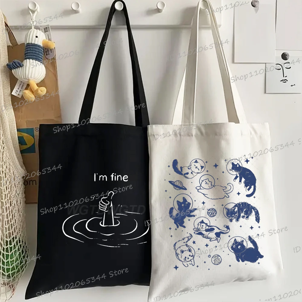 

1 шт., сумка-тоут с рисунком космического кота, космического кота, забавный узор, черно-белые женские сумки, модная студенческая холщовая сумка в стиле хип-хоп