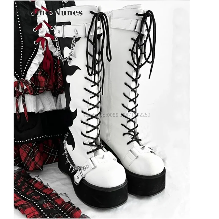 Belt Buckle Chain Platform Booty Round Toe Height Increasing Cross Tied Mixed Colors Shoes Rivet Punk Spicy Girl Knee High Boots