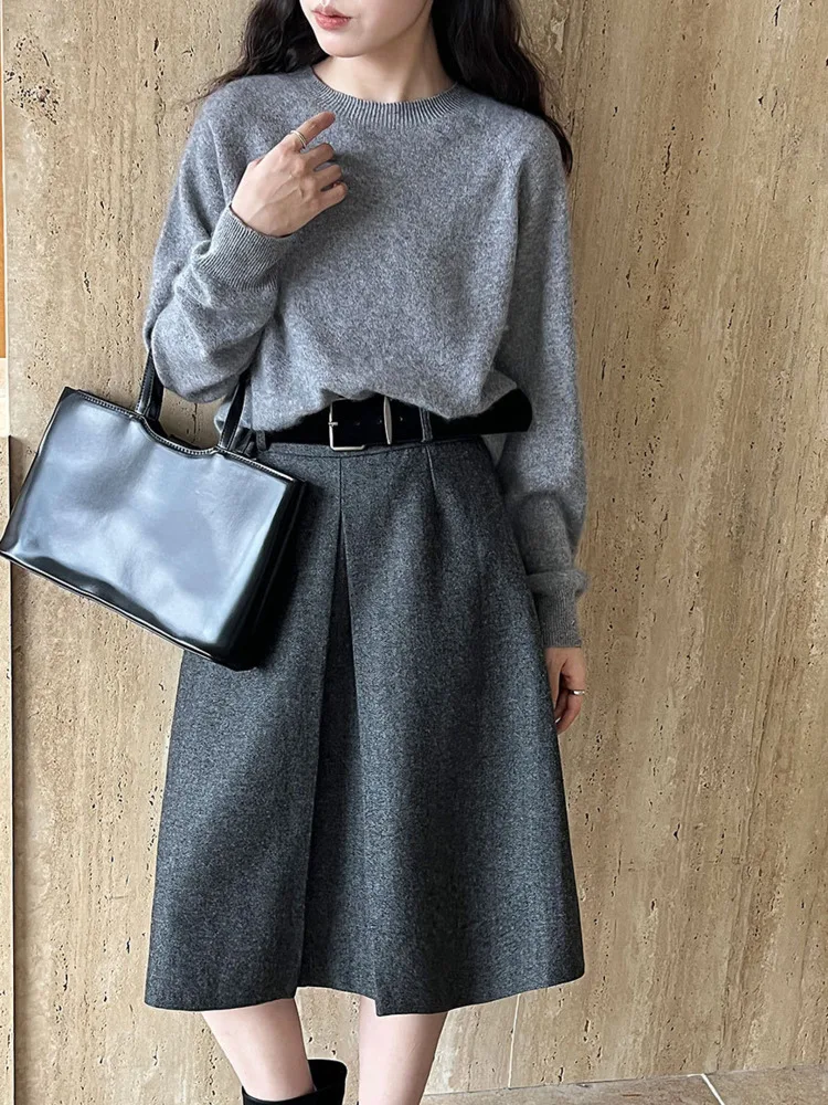 WHTREND Style coréen laine laine sensation jupe Midi pour les femmes hiver nouvelle taille haute avec ceinture a-ligne jupes WH2203