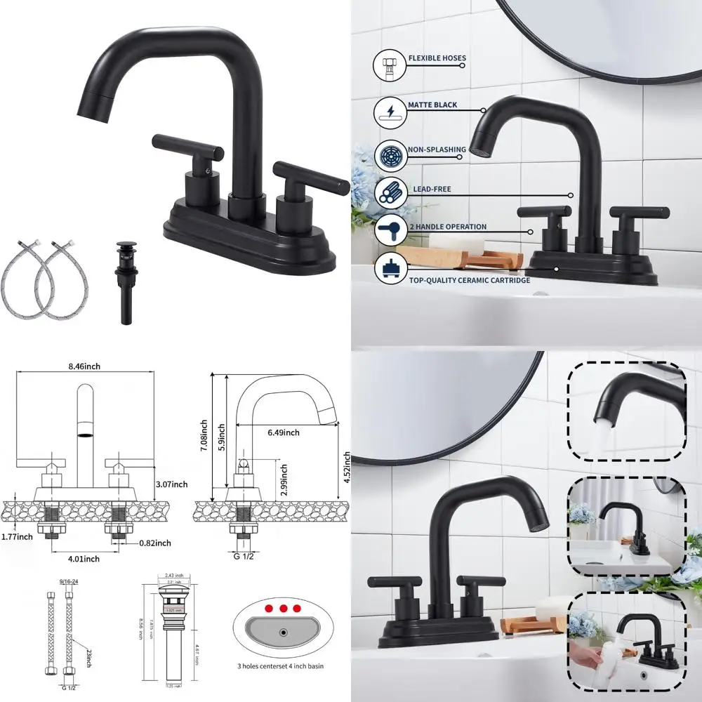 

4 Inch Centerset Matte Black 2-Handle Bathroom Vanity Faucet with Drain and Supply Hose Assembly, Lava Style