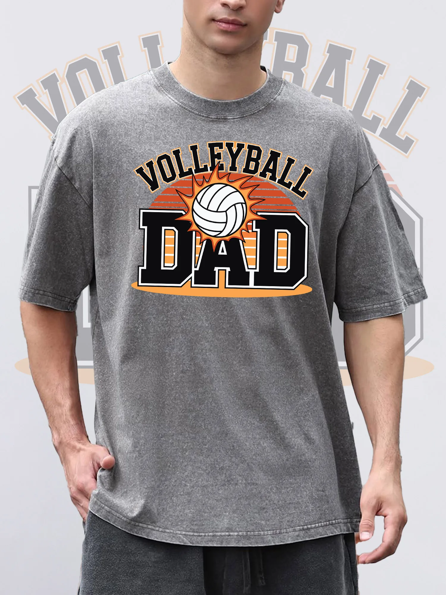 

Men's T-ShirtsSport Dad Printed Grey Short-Sleeved Round Neck Loose Summer 100% Pure Cotton Acid Wash Suitable For Thanksgiving