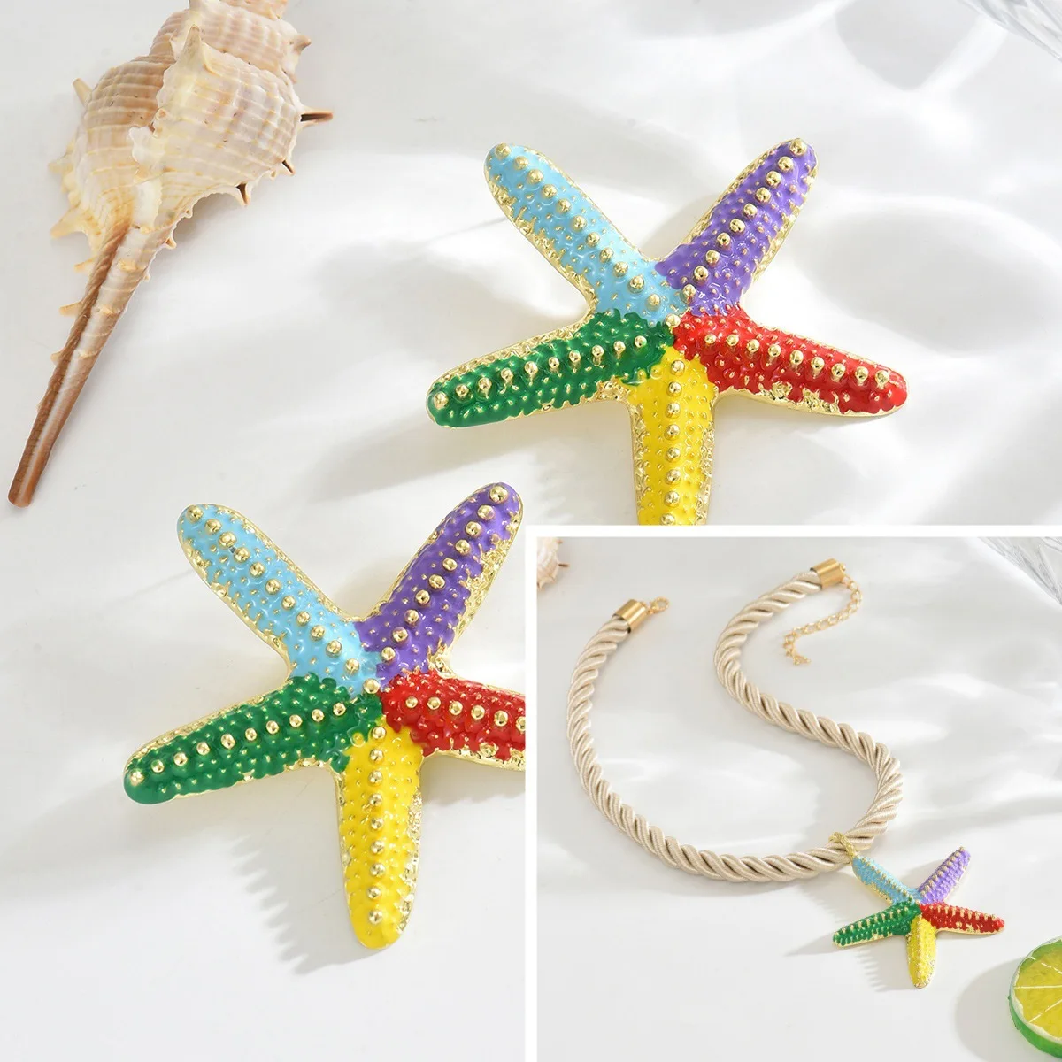 

Boho Colorful Metal Oil Drop Big Starfish Pendant Rope Chains Necklace for Women Summer Y2K Fashion Jewelry Set Gifts 2025