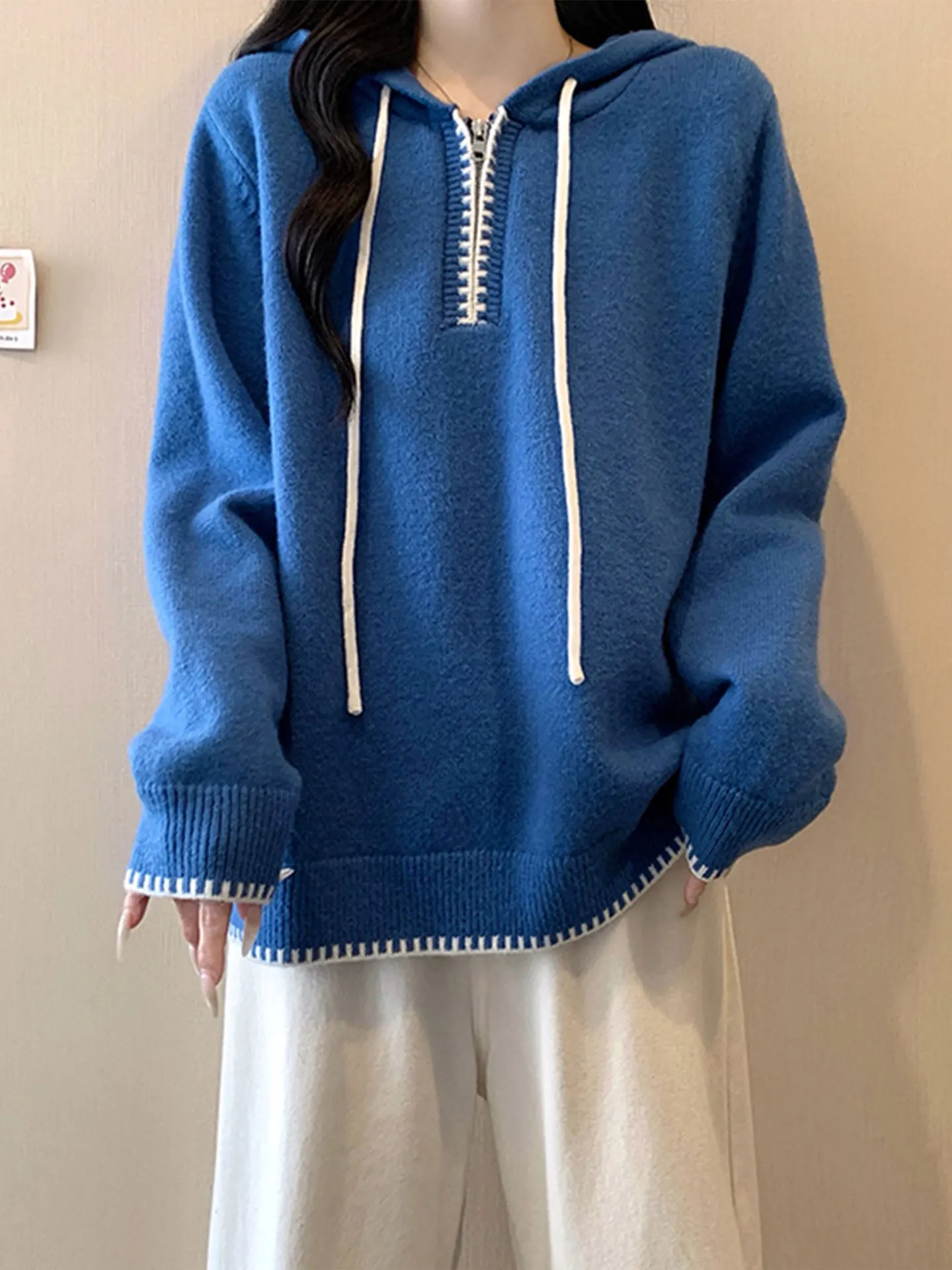 

Loose Fit Long Sve Hoodie Women's Blue Knitted Sweater Winter Casual Sle plus Size Trendy f Zip up Top Comfortable