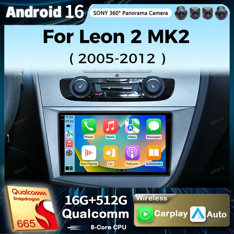 Radio para coche Android 16 para Seat Leon 2 MK2 2005-2012 RHD Carplay Android Auto Qualcomm Reproductor multimedia estéreo para coche 4G Wifi 48EQ