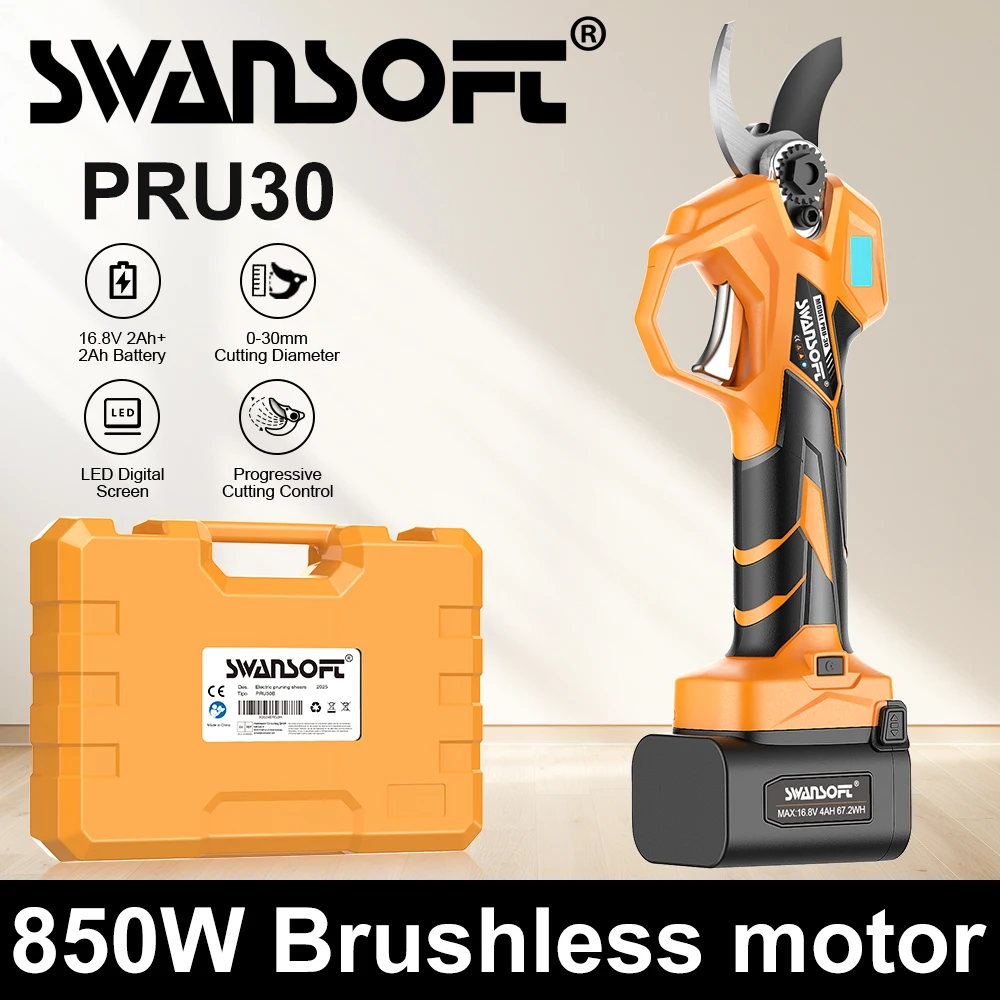 SWANSOFT PRU30, sécateur électrique à batterie de 30 mm, interrupteur à 3 positions avec batterie 2+2Ah, pour utilisation dans les vignobles et vergers