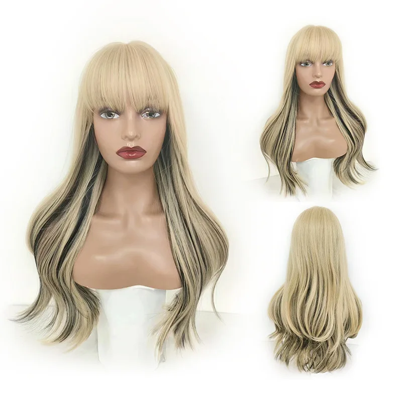 

New European and American synthetic wig black blonde air bangs long curly hair feminine style recommended product wigs