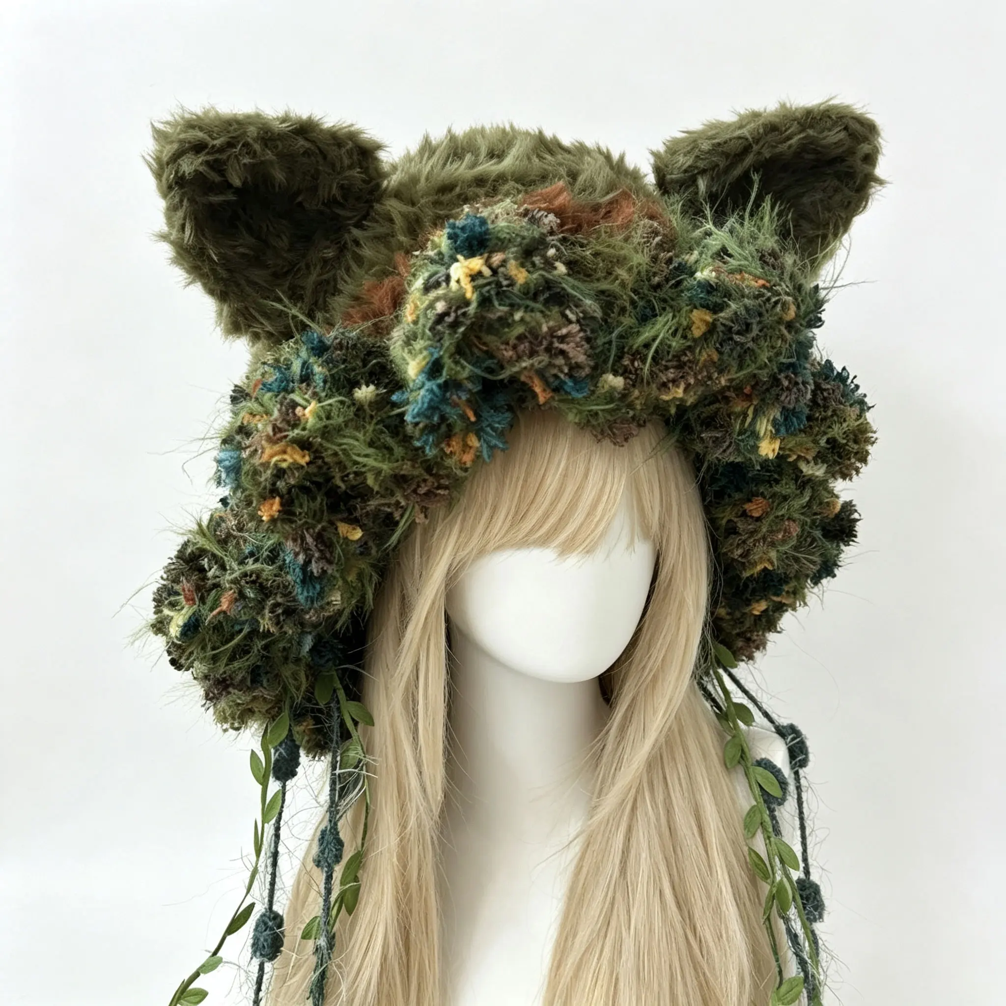 Handmade Moss Green Cat Ear Hat Women Winter Custom Crochet Plush Leaf Mushroom Knit Beanie Girls Forest Cosplay Warm Hood Cap