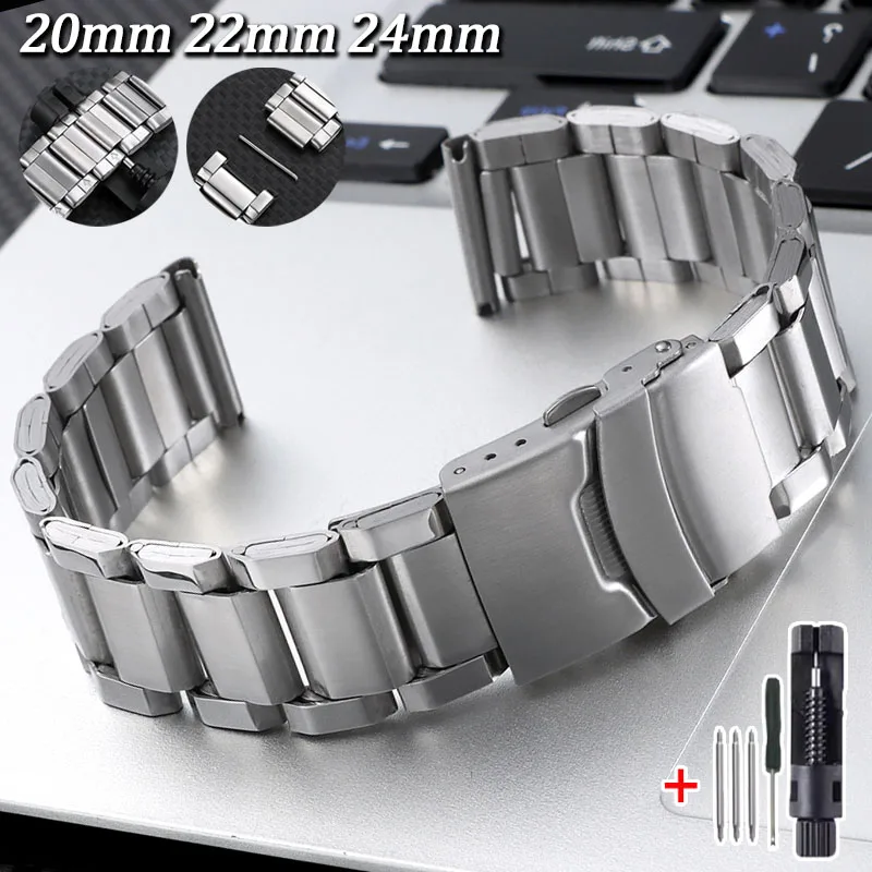 Bracelet de montre en métal brossé, 20/22/24mm d'épaisseur, 3 maillons, en acier inoxydable, universel, pour Seiko, accessoires de montre