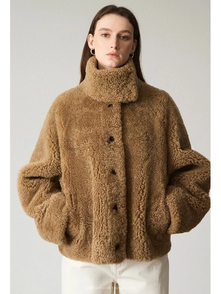 

High-end Luxury Merino Sheep Fur Lambswool Jackets for Women 2026 Simple Stand Collar Short Winter Genuine Leather Real Fur Coat